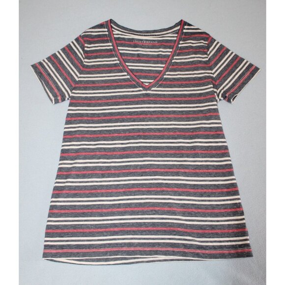 Lucky Brand Womens Multicolor Striped V Neck Short Sleeve Tee Shirt S NWT - Picture 1 of 6